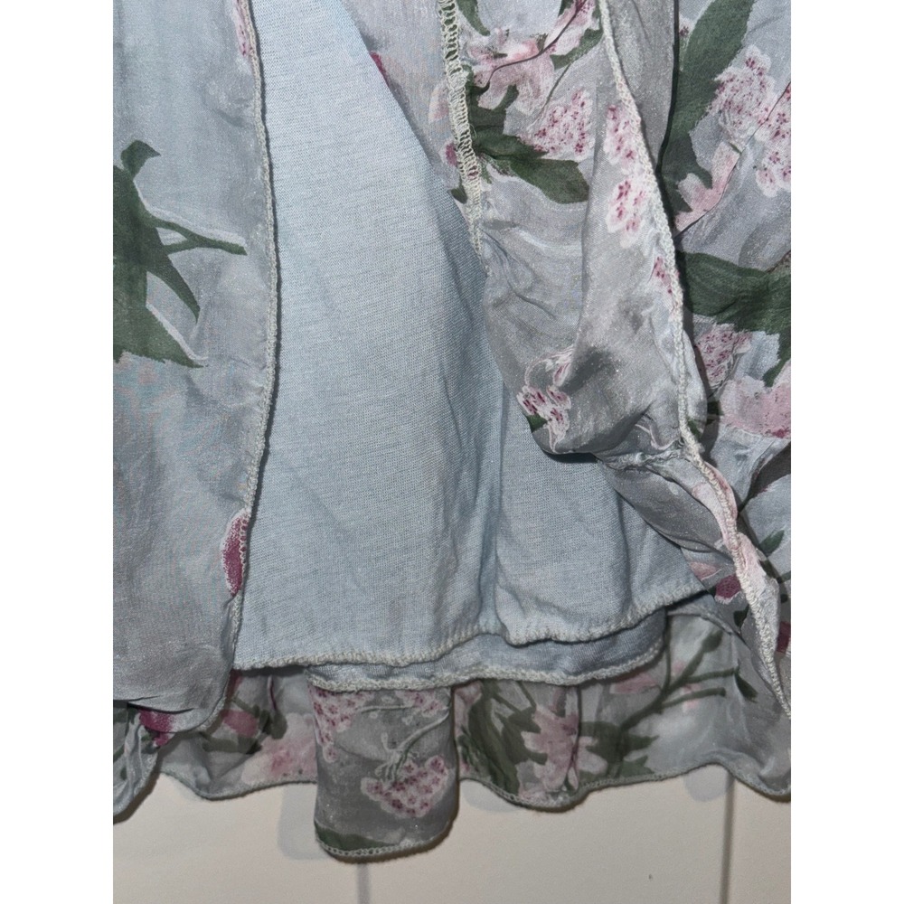 Lola Made in Italy Blue Floral Silk Ruffle Tunic Top 3/4 Sleeve Lined L/XL - Picture 5 of 9